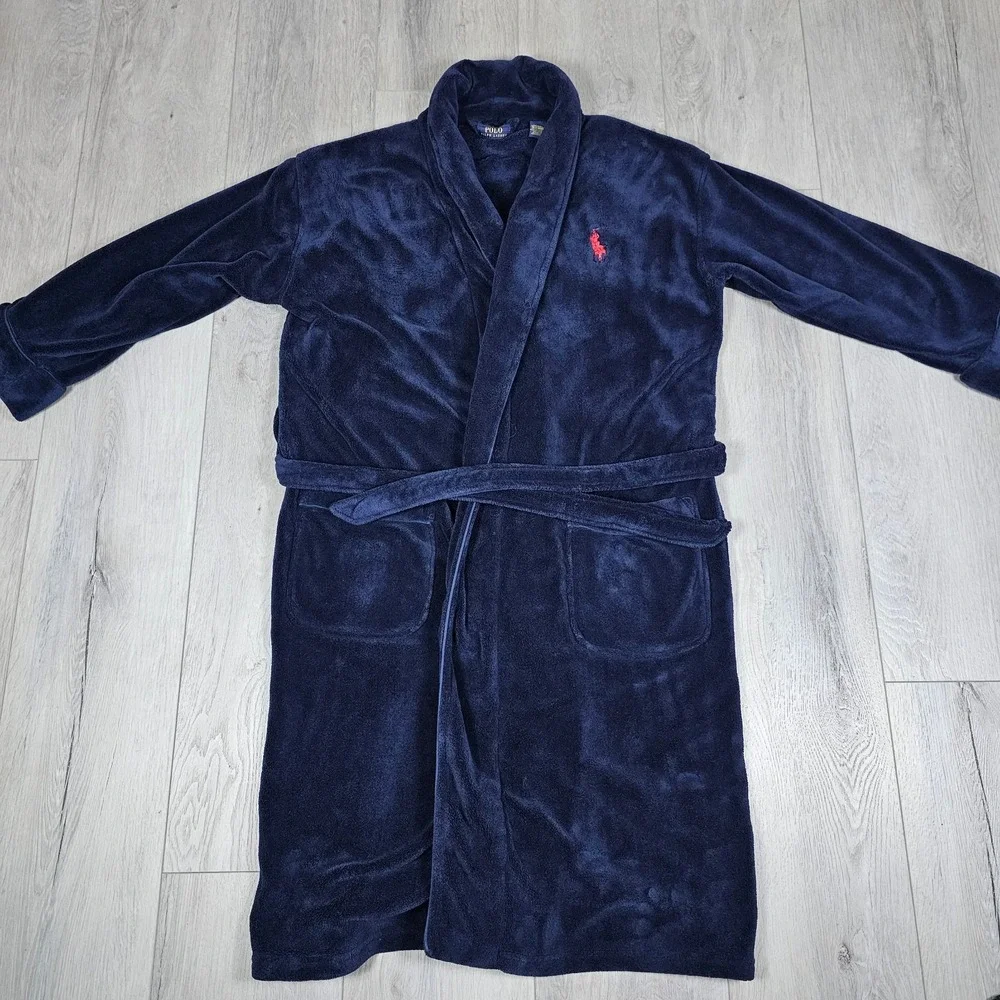 Polo Ralph Lauren Terry Velour Robe Mens One Size Navy Blue Big Pony Shawl Belt